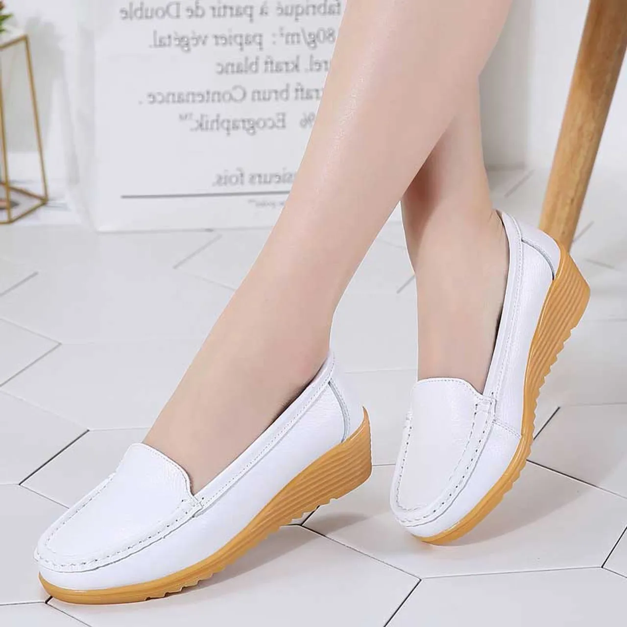 White casual plain slip on shoe loafer wedge