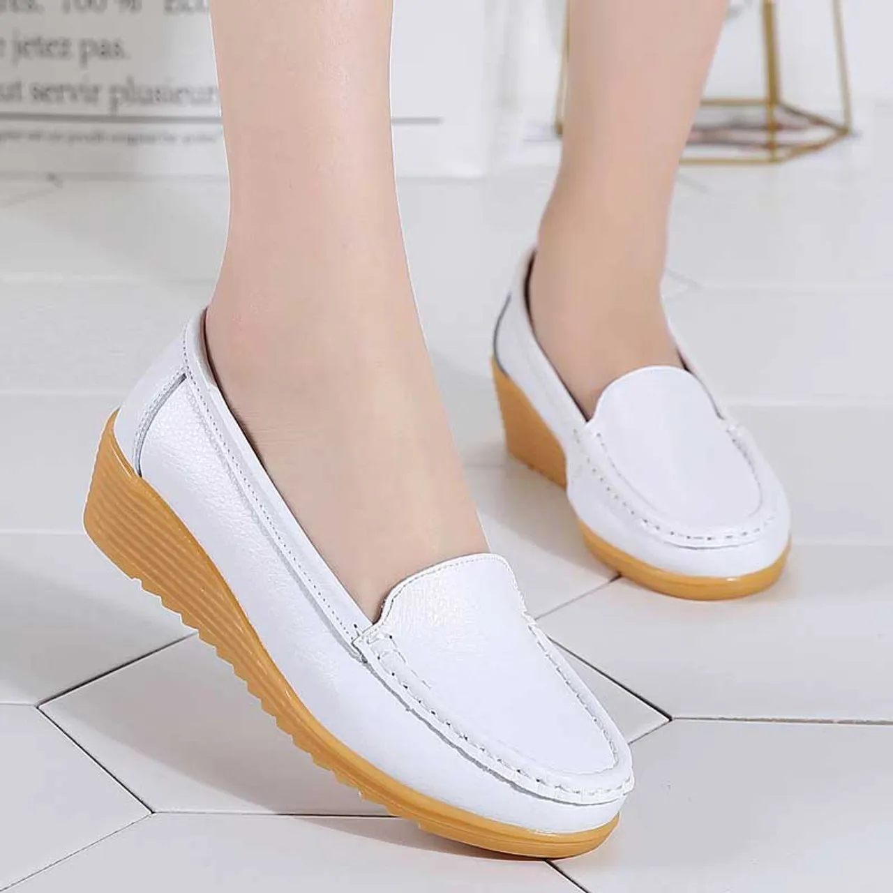 White casual plain slip on shoe loafer wedge