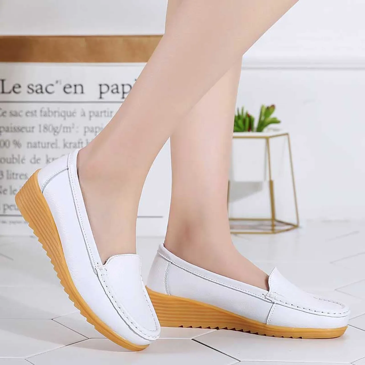 White casual plain slip on shoe loafer wedge