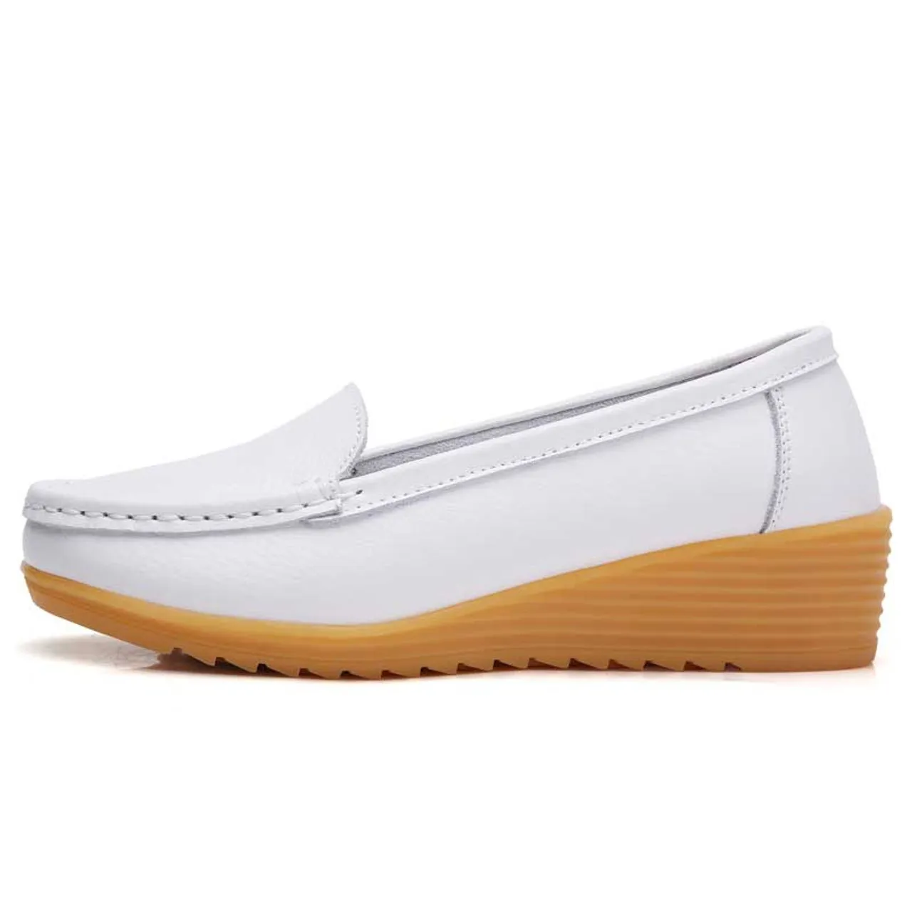 White casual plain slip on shoe loafer wedge