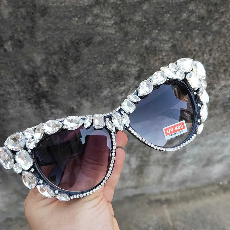 Women's Luxury Retro Glitter Crystal Shades Cat Eyes Sunglasses