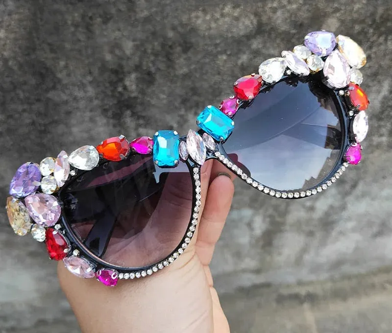 Women's Luxury Retro Glitter Crystal Shades Cat Eyes Sunglasses