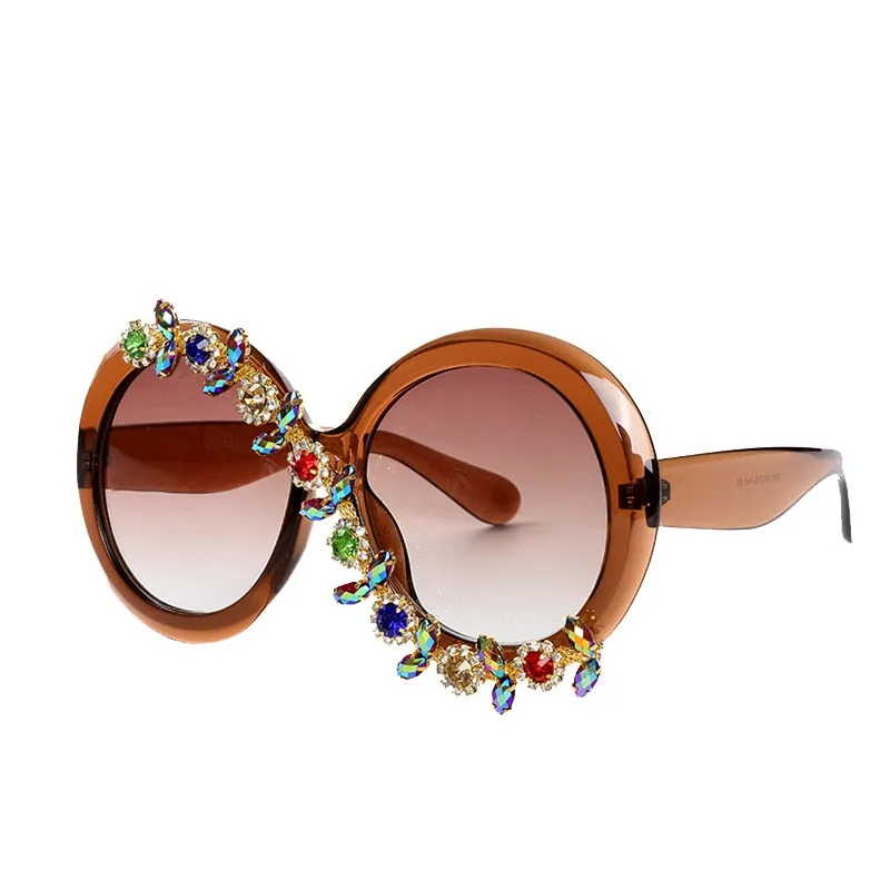 Women's Party Style Stone Luxury Designer Diamond Round Sunglasses